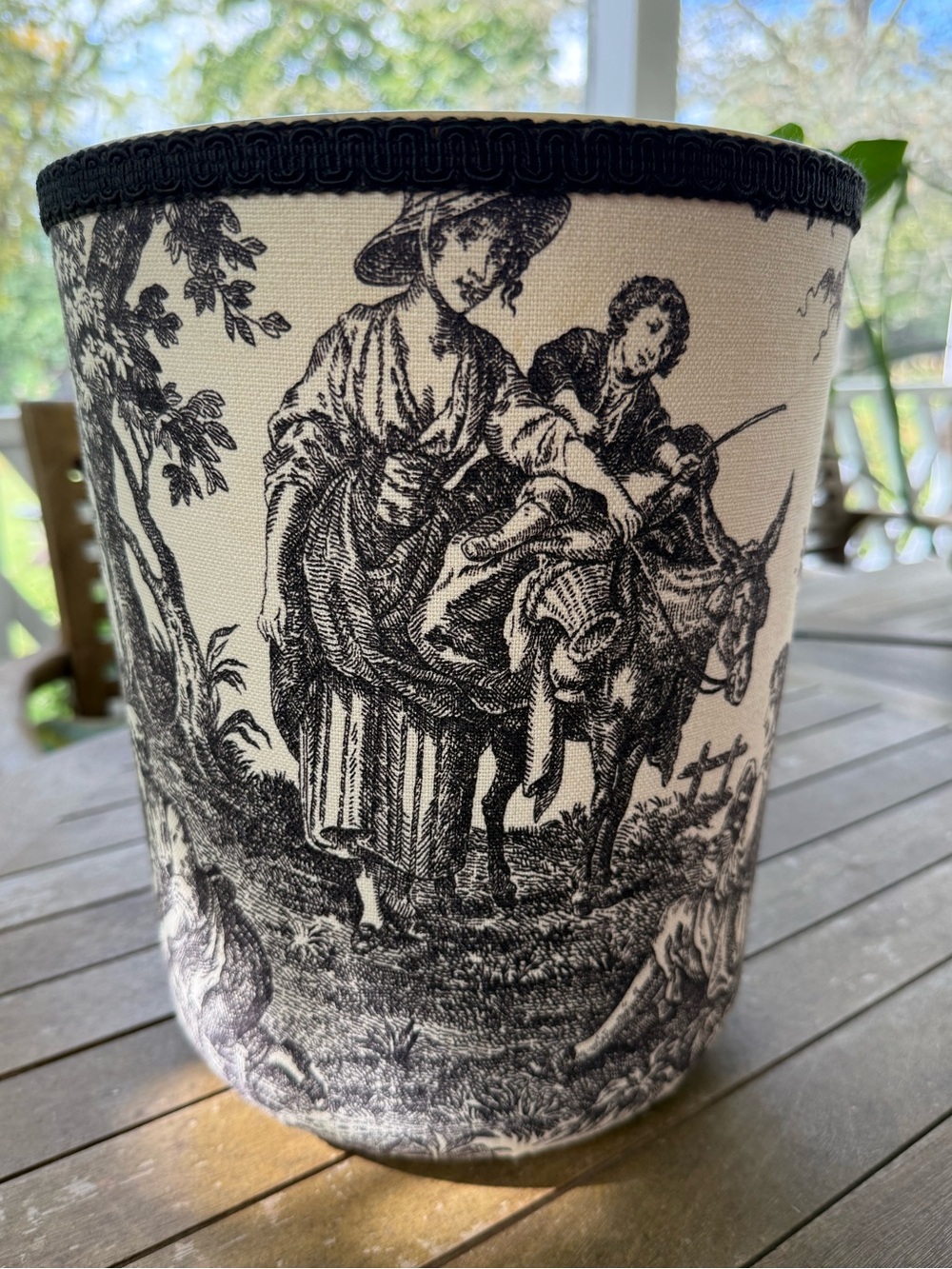 Jan Sevadjian Handcrafted Black & Cream Toile Wastebasket